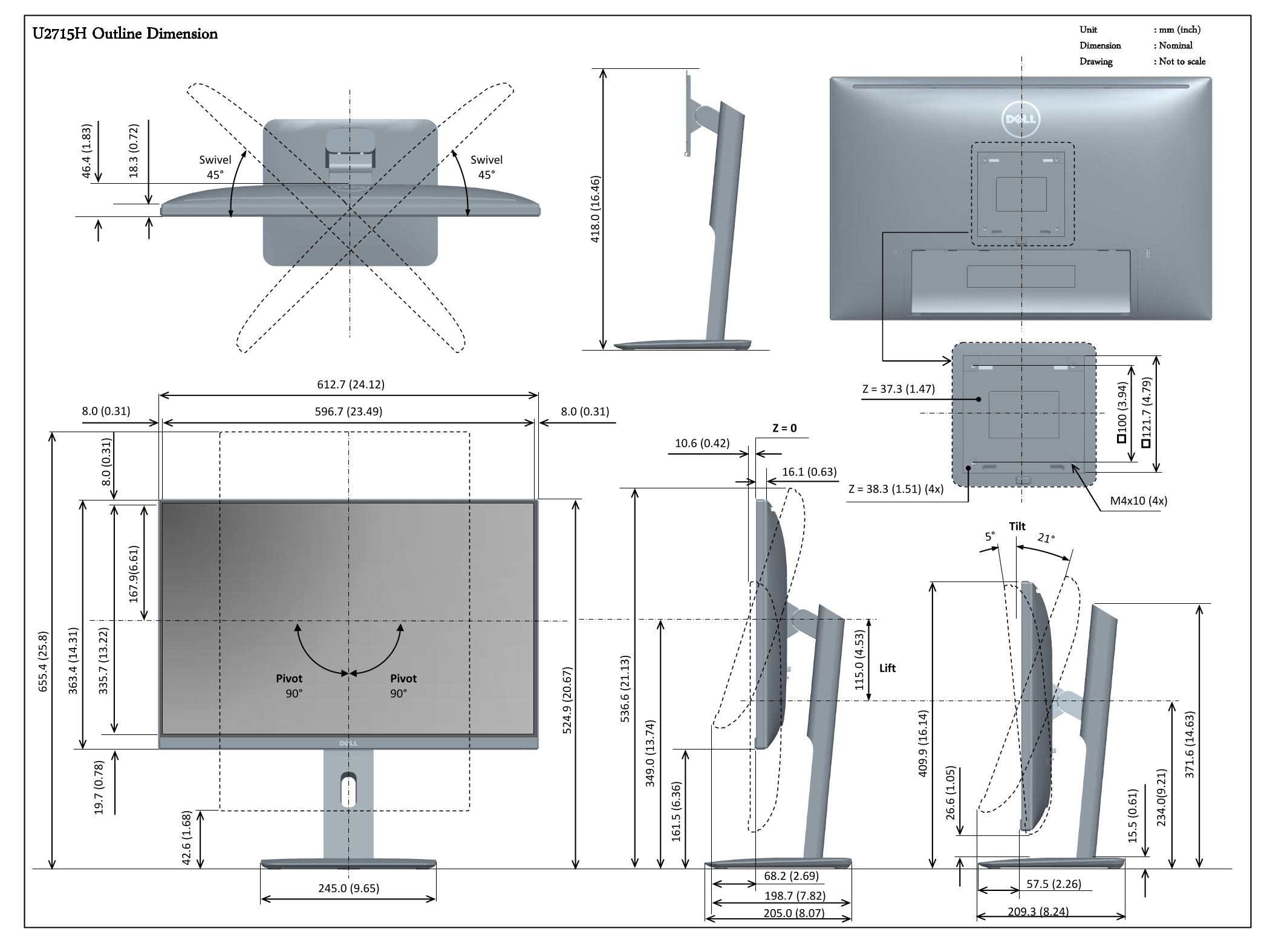 Dell UltraSharp U2715H Outline Dimensions User Manual - Page 1