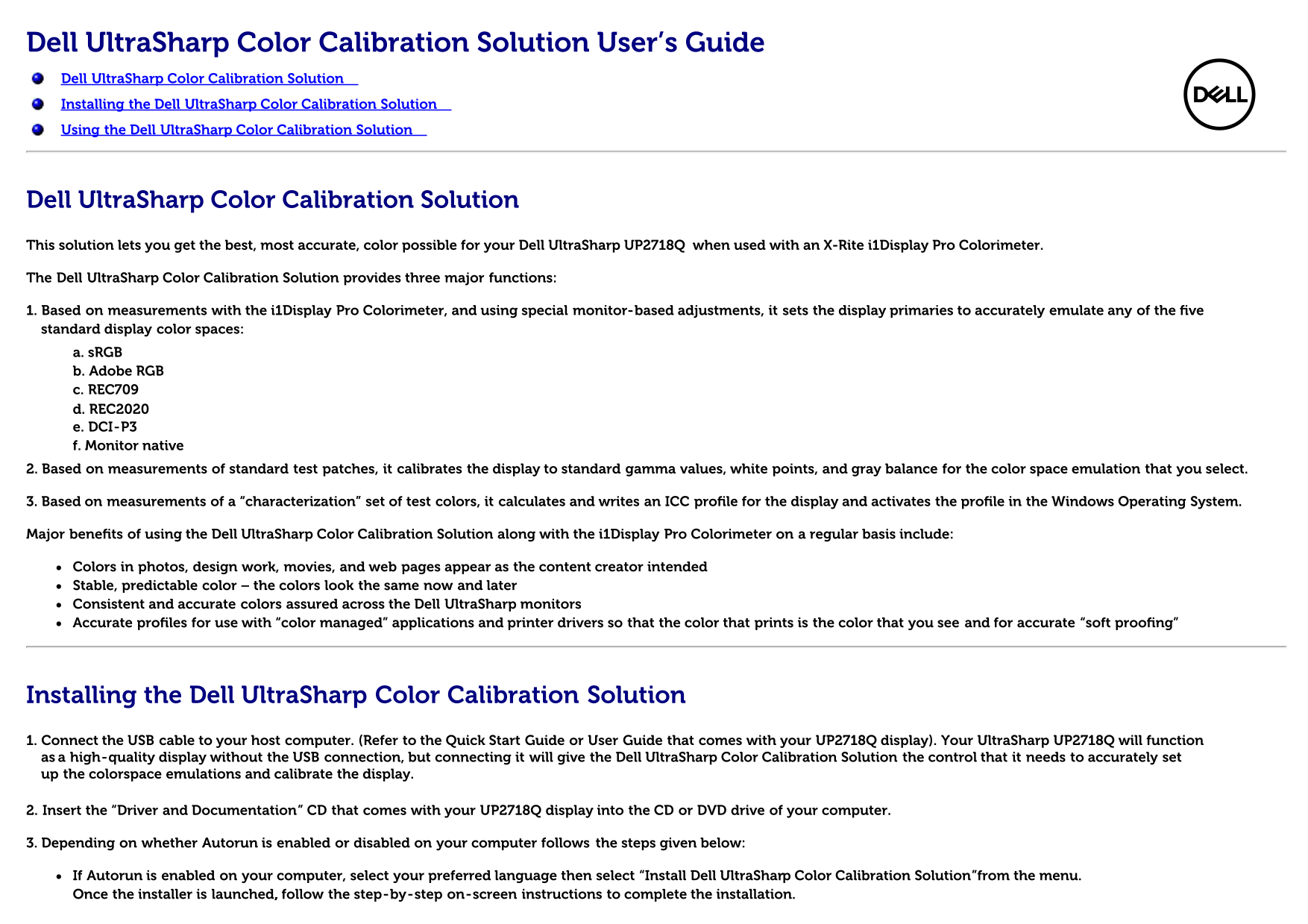 Dell UltraSharp UP2718Q Color Calibration Solution User's Guide - Page 1