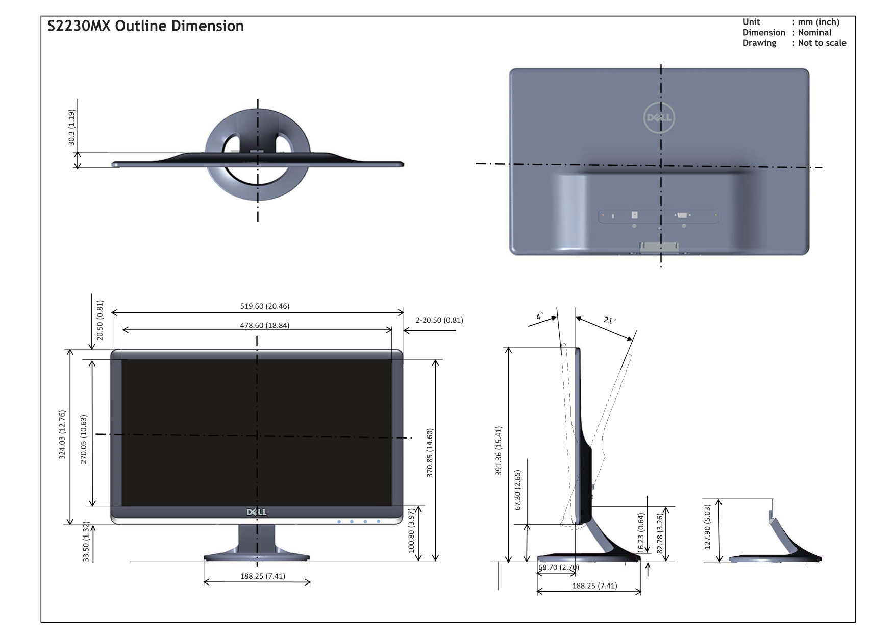 Dell S2230MX Monitor Outline Drawing - Page 1
