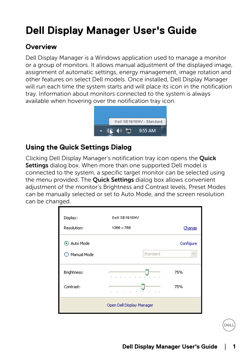 Dell SE1918HV Dell Display Manager User's Guide - Page 1