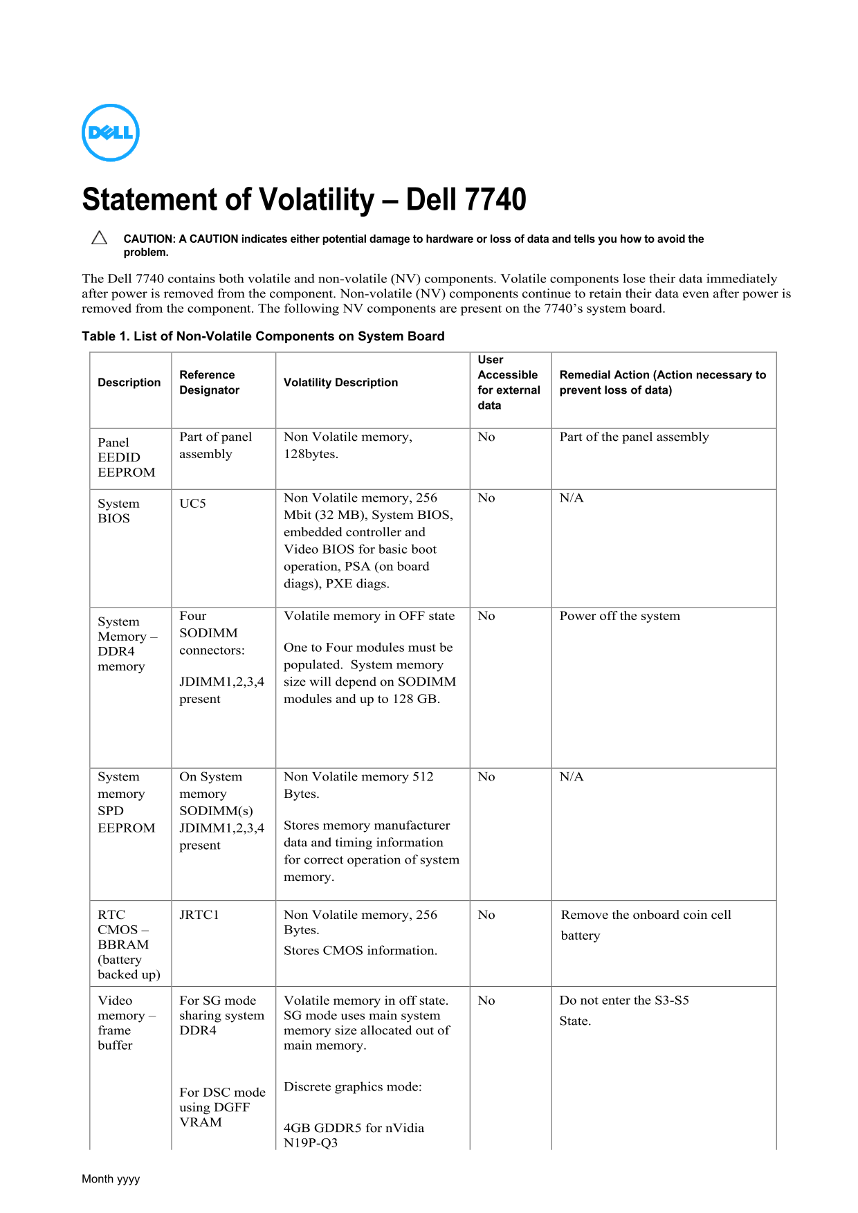 Dell Statement of Volatility - Dell Precision 7740 Owner's Manual - Page 1