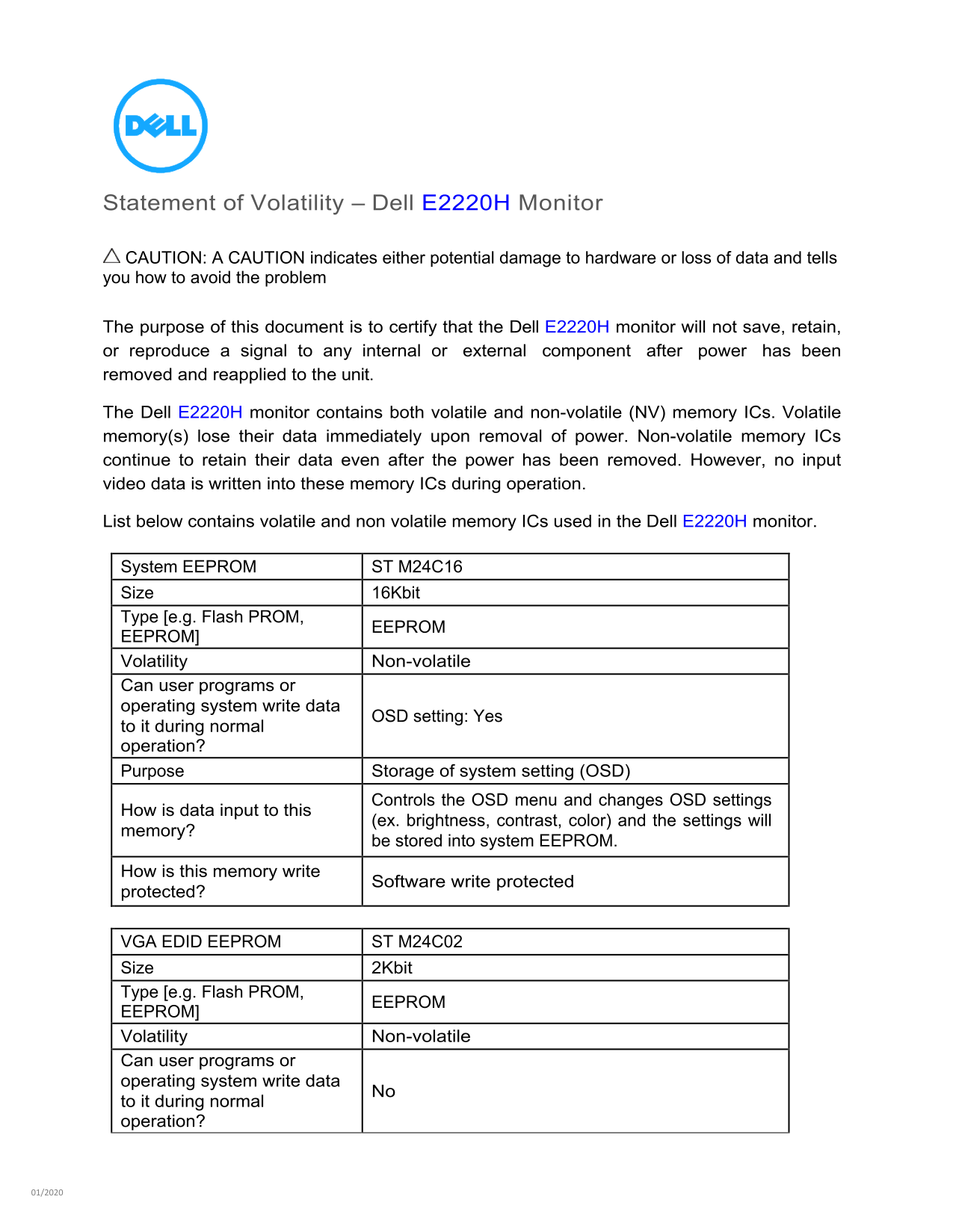 Dell E2220H Monitor Statement of Volatility - Page 1