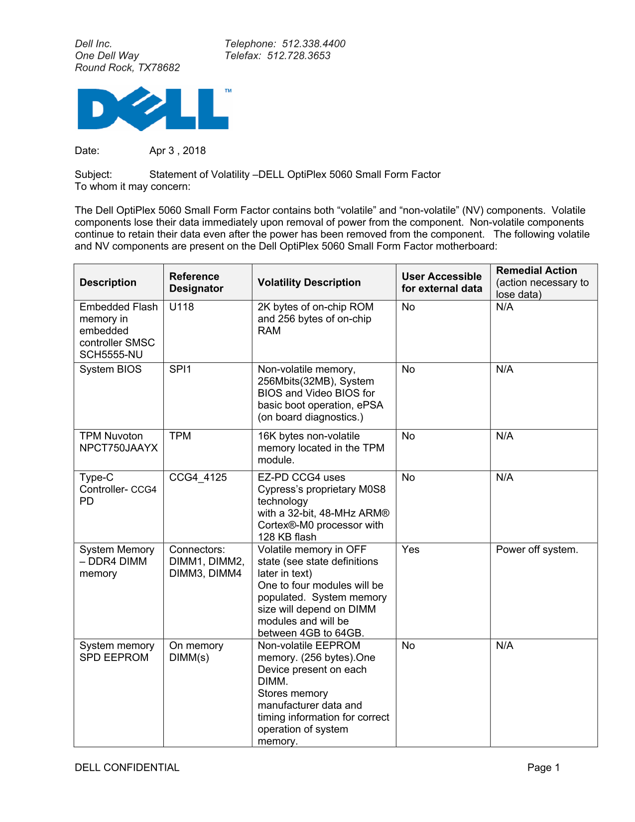 Dell OptiPlex 5060 Small Form Factor Statement of Volatility - Page 1
