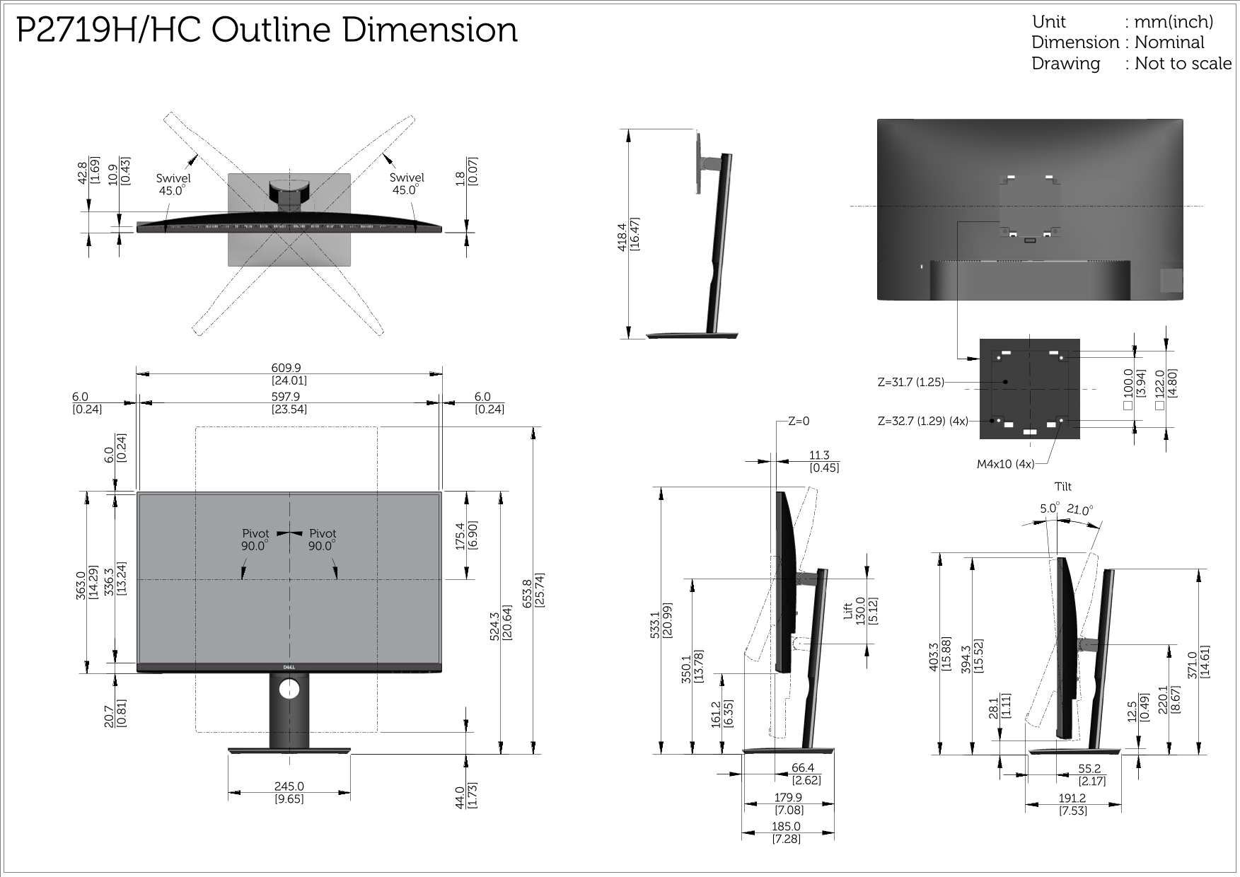 Dell P2719H - Outline Dimensions - Page 1