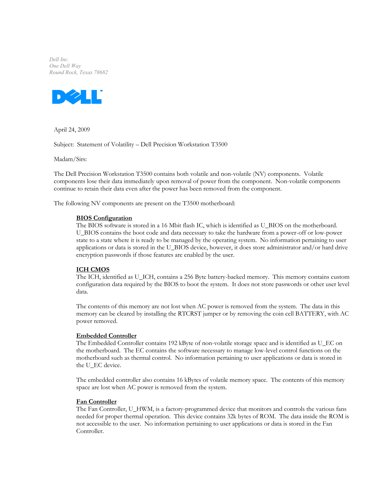 Dell Precision T3500 Statement of Volatility - Page 1