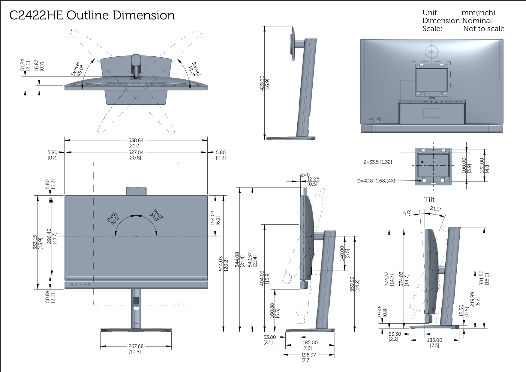 Dell C2422HE Outline Dimensions Guide - Page 1