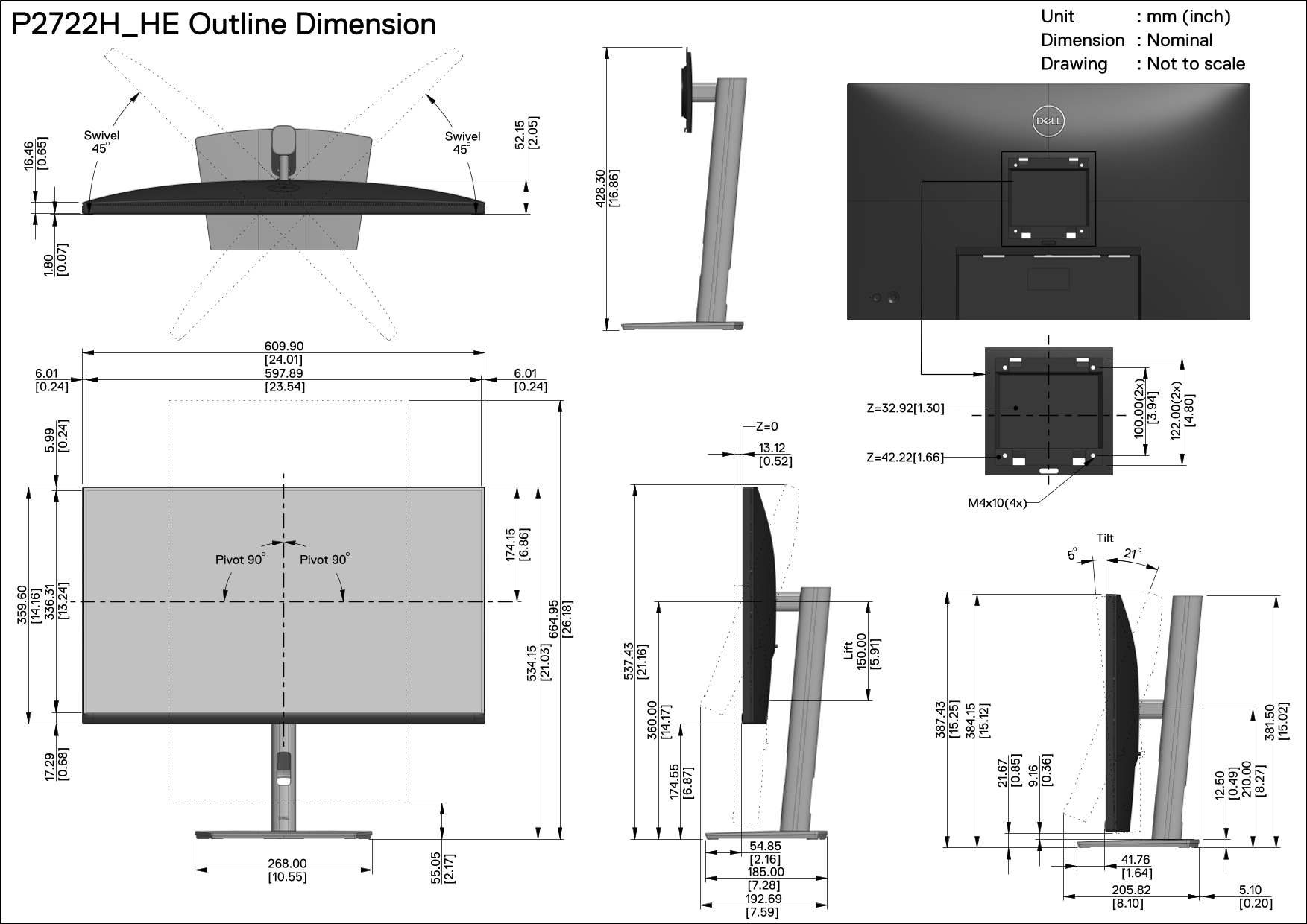 Dell P2722H Outline Dimension Guide - Page 1