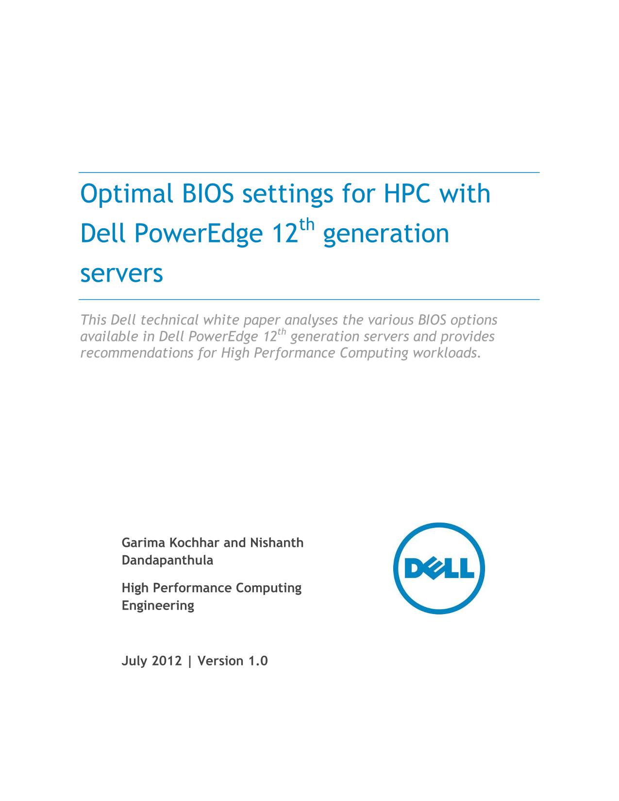 Dell Optimal BIOS Settings for HPC with Dell PowerEdge 12th Generation Servers Owner's Manual - Page 1