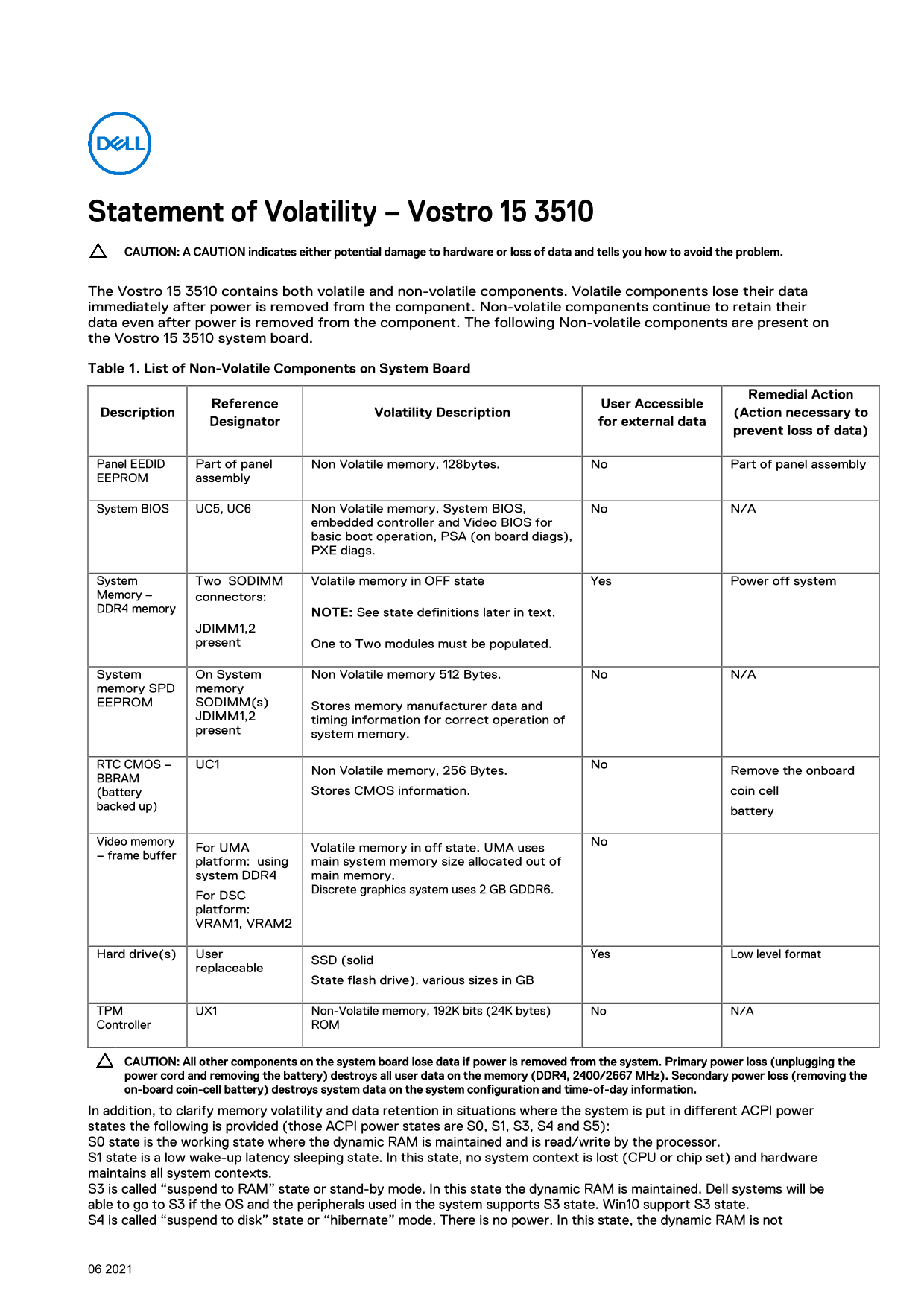 Dell Vostro 15 3510 Statement of Volatility - Page 1