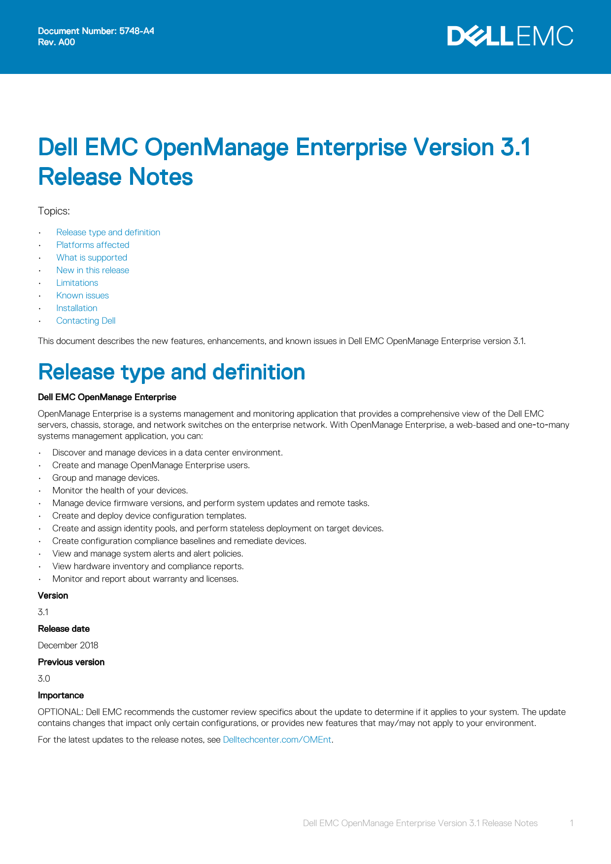 Dell EMC OpenManage Enterprise Version 3.1 Release Notes - Page 1