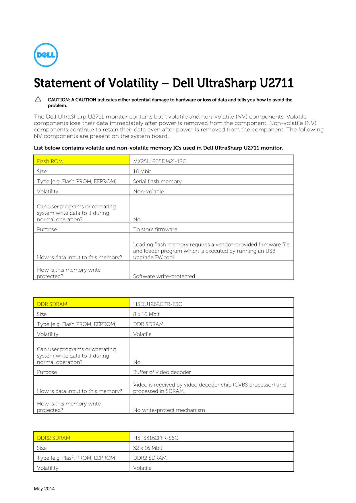 Dell U2711 Monitor Statement of Volatility - Page 1