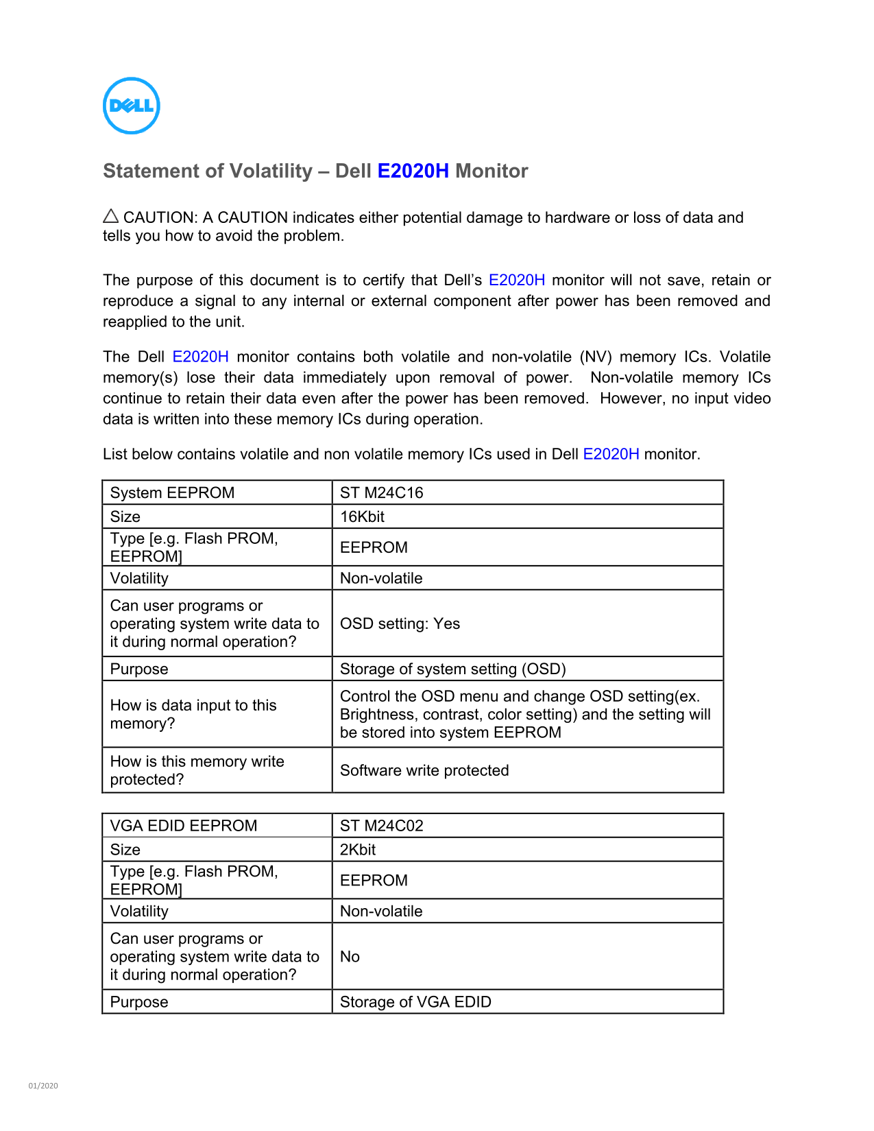 Dell E2020H Monitor - Statement of Volatility - Page 1