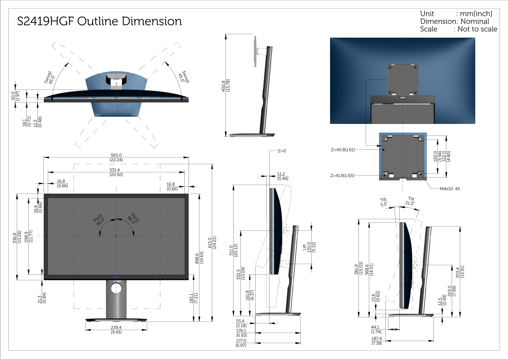 Dell S2419HGF Monitor Outline Drawing - Page 1