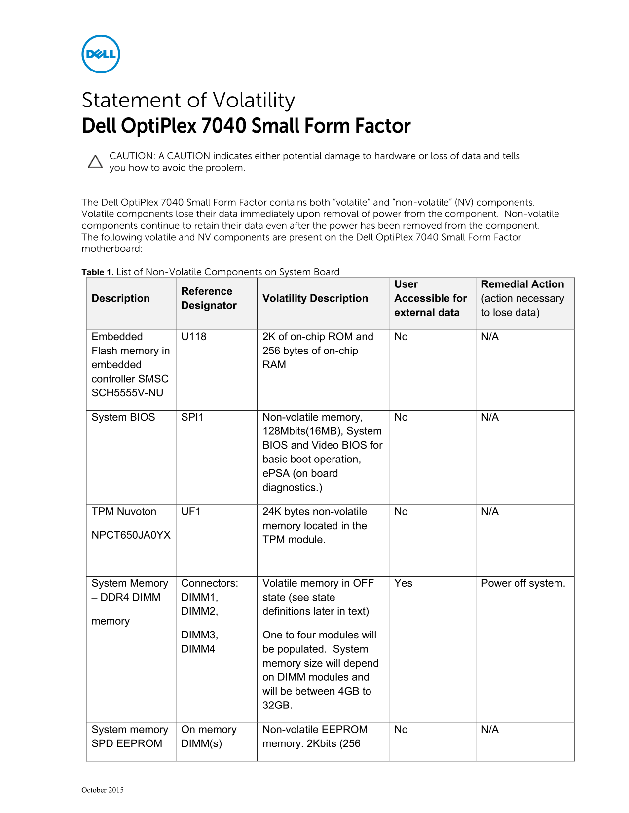 Dell Statement of Volatility - Dell OptiPlex 7040 Small Form Factor Owner's Manual - Page 1