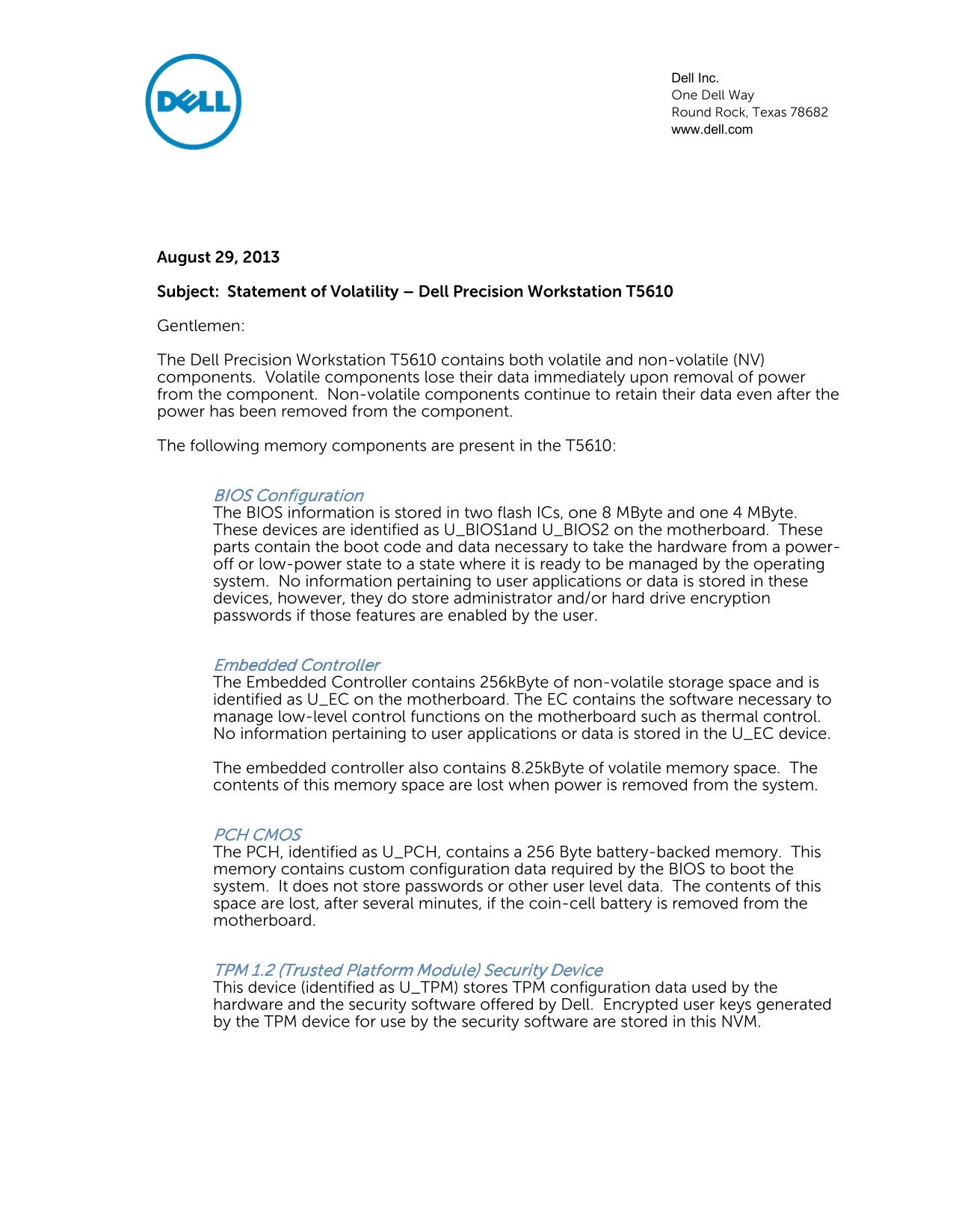 Dell Precision T5610 Statement of Volatility - Page 1