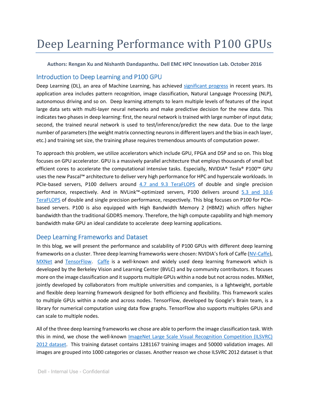 Dell Deep Learning Performance on P100 GPUs - Specifications and User Guide - Page 1