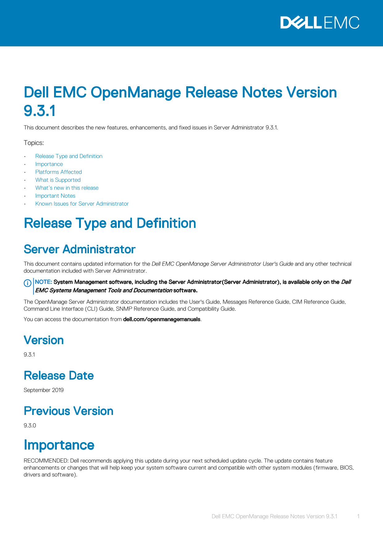 Dell EMC OpenManage Release Notes Version 9.3.1 - Page 1