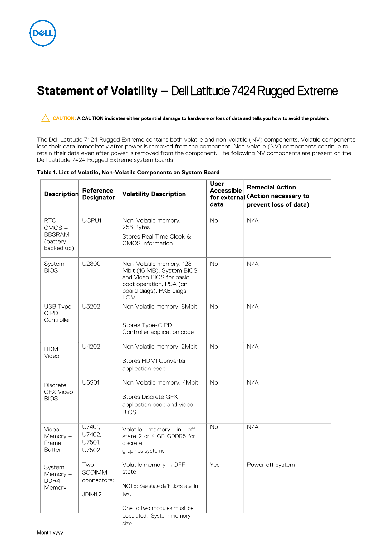 Dell Latitude 7424 Rugged Extreme  – Statement of Volatility - Page 1
