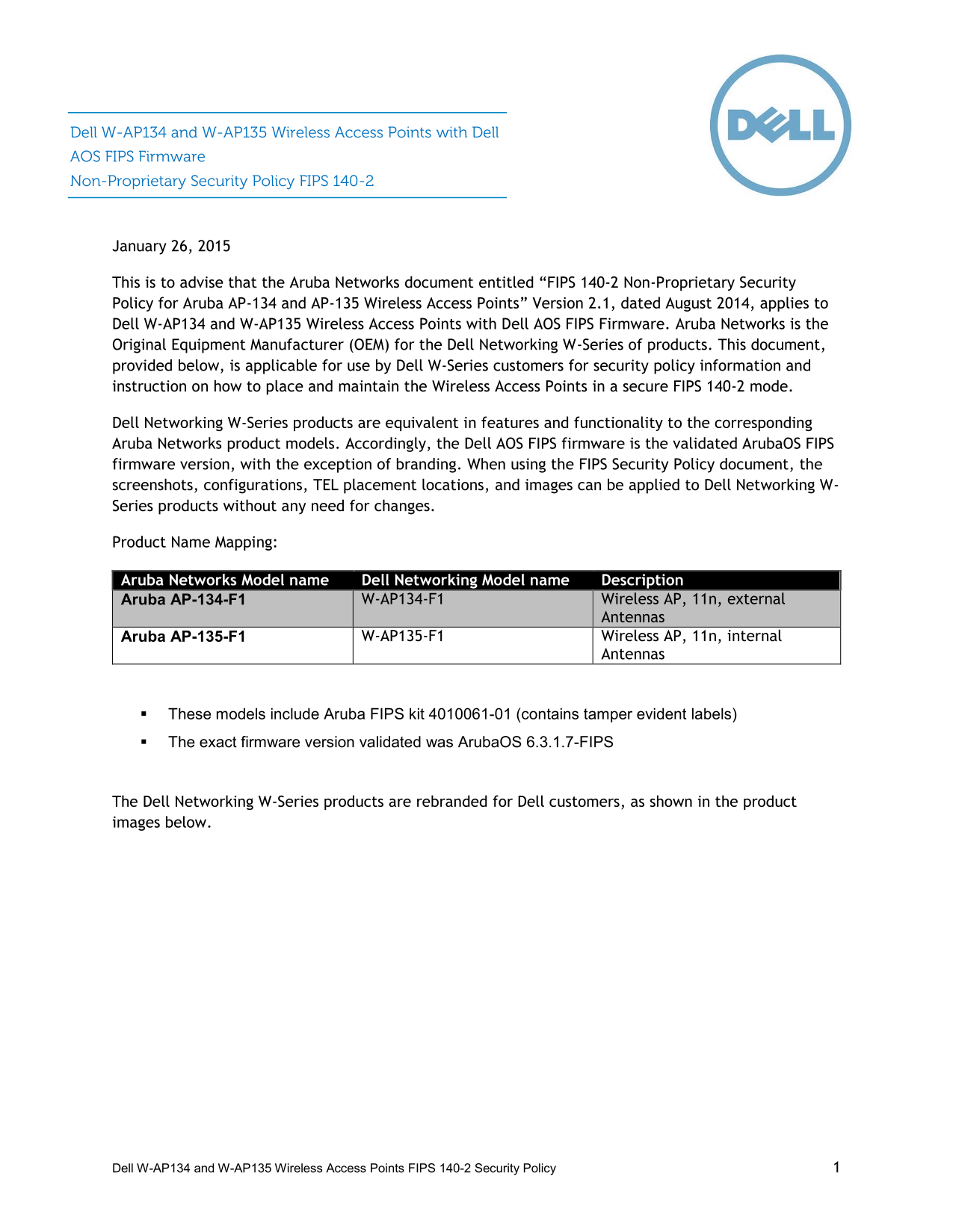 Dell Networking W-AP134 5 Security Policy - Page 1