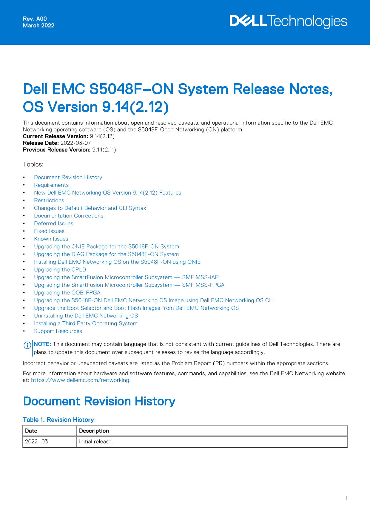 Dell EMC S5048F–ON System Release Notes, OS Version 9.14.2.12 Owner's Manual - Page 1