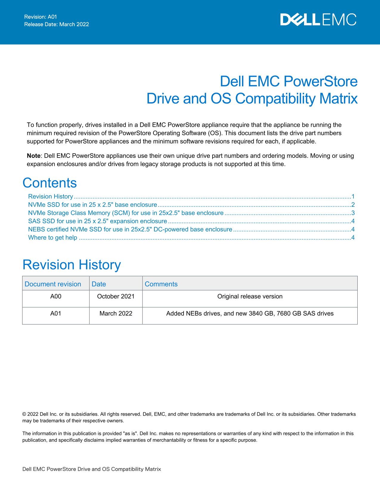 Dell EMC PowerStore Drive and OS Support Matrix User's Guide - Page 1