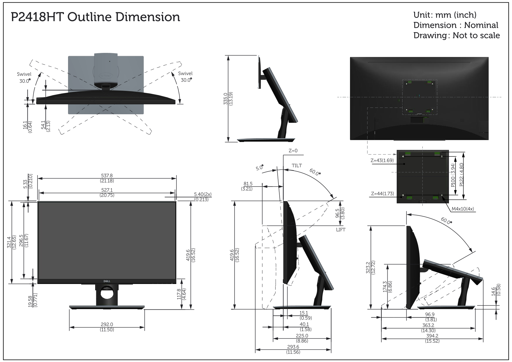 Dell P2418HT Monitor Outline Dimensions - Page 1