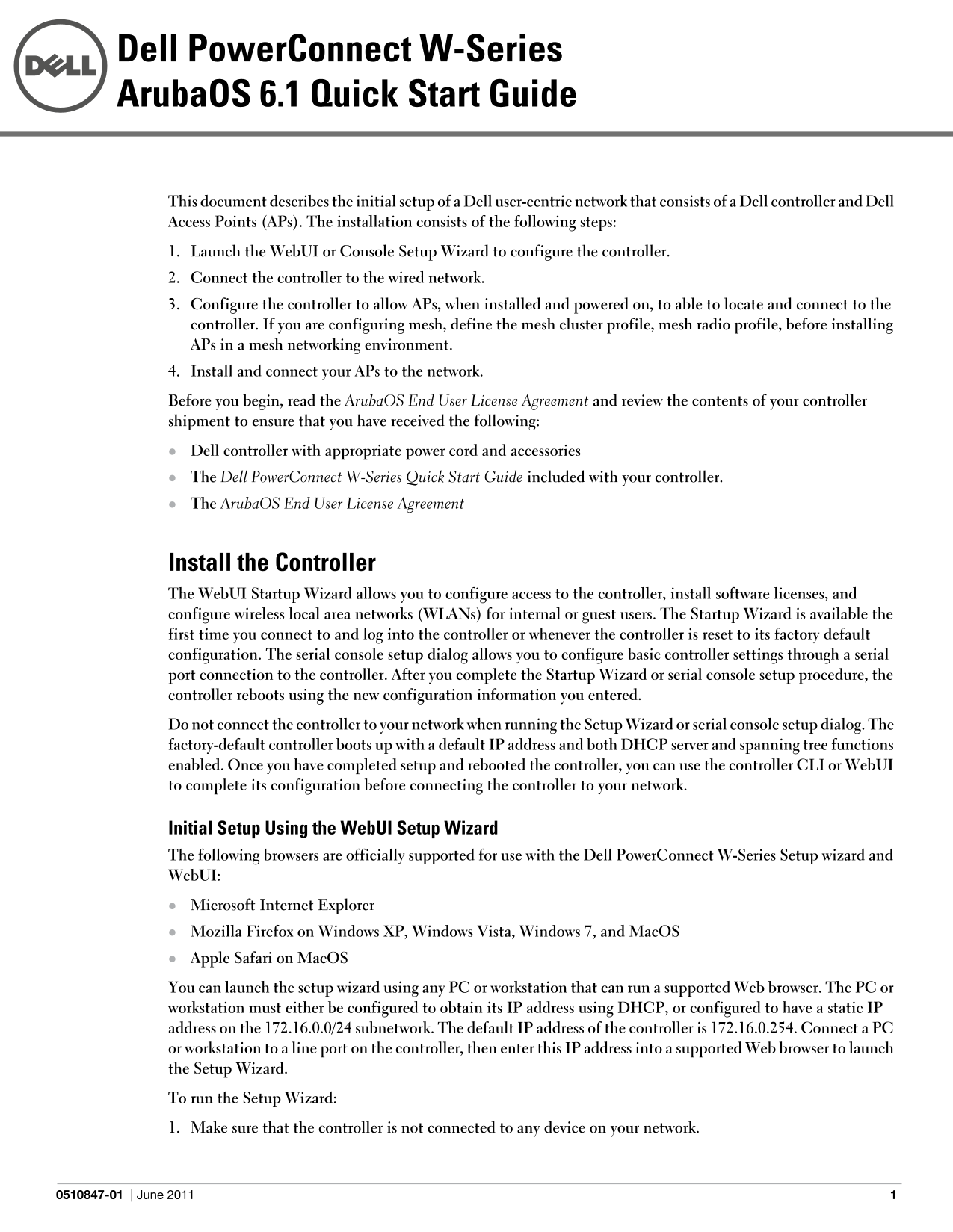 Dell PowerConnect W-3600 ArubaOS 6.1 Quick Start Guide - Page 1
