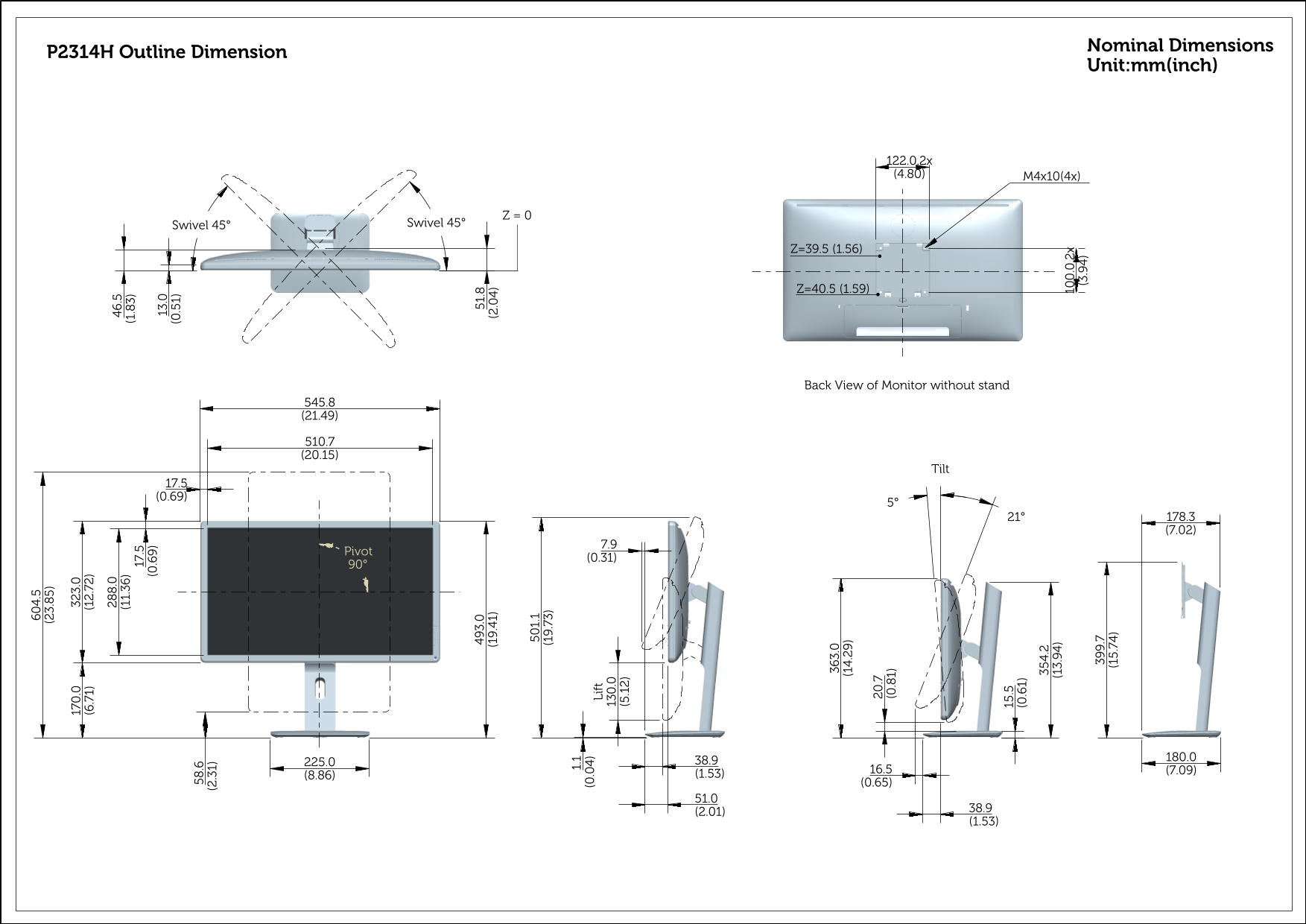 Dell P2314H Monitor P2314H Outline Drawing - Page 1