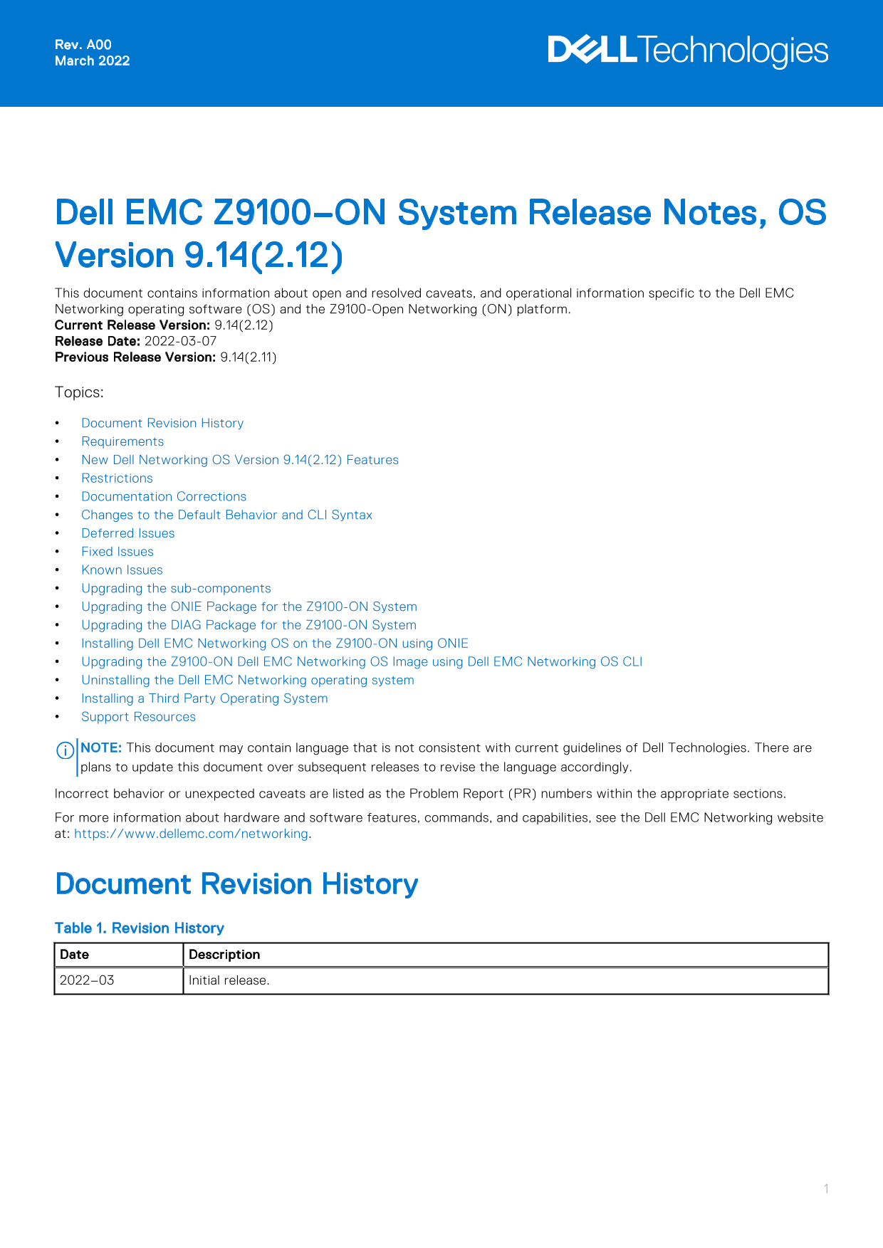Dell EMC Z9100–ON System Release Notes, OS Version 9.14.2.12 Owner' s Manual - Page 1