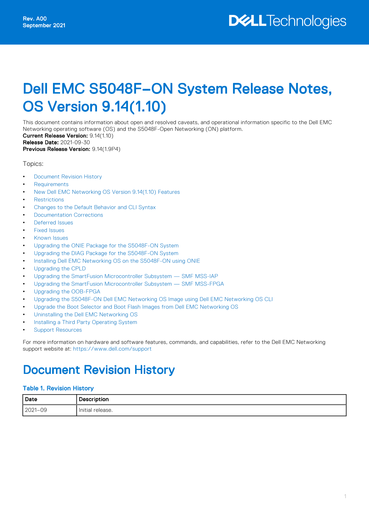 Dell EMC S5048F–ON System Release Notes, OS Version 9.14.1.10 Owner's Manual - Page 1