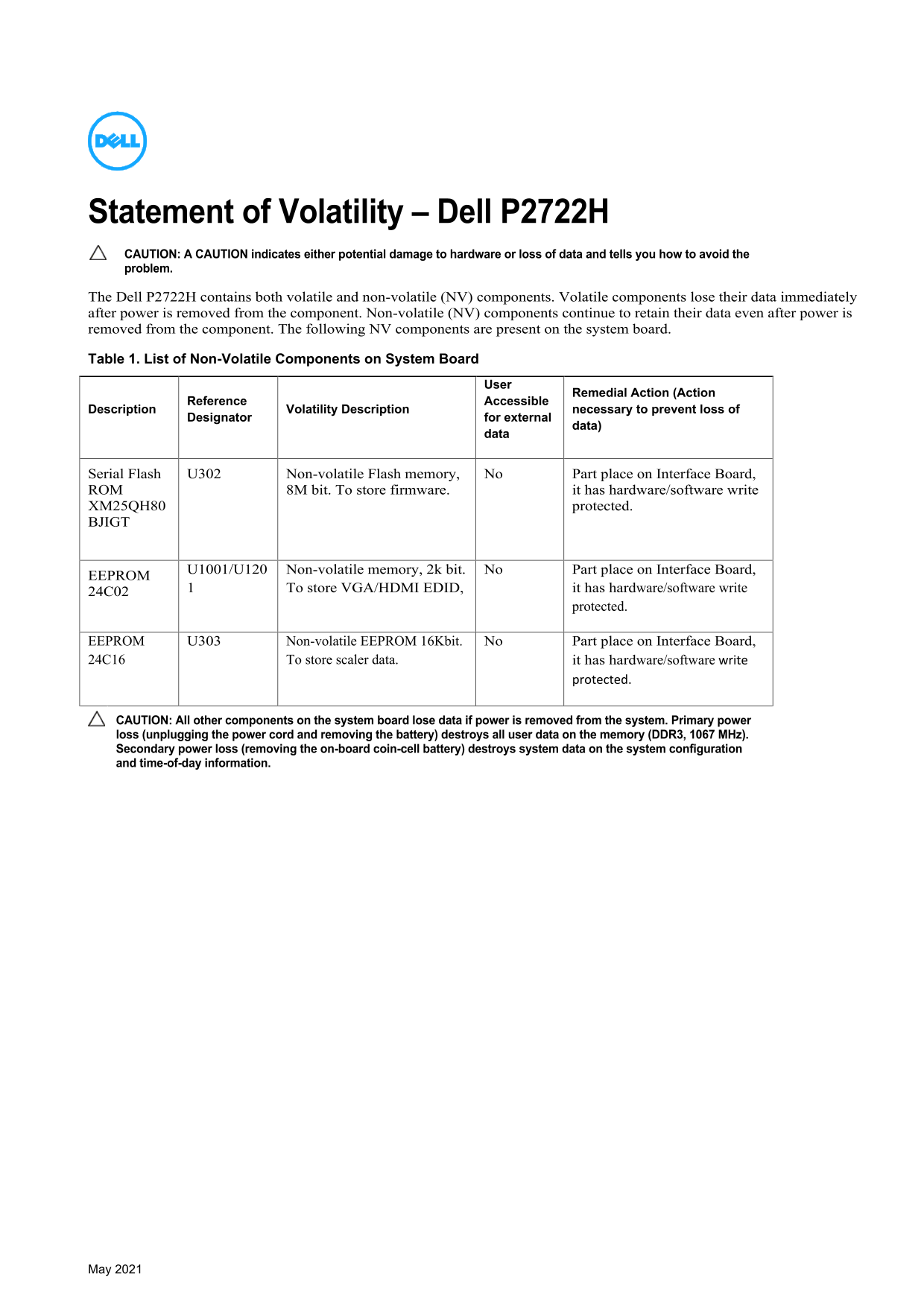 Dell P2722H Statement of Volatility - Page 1