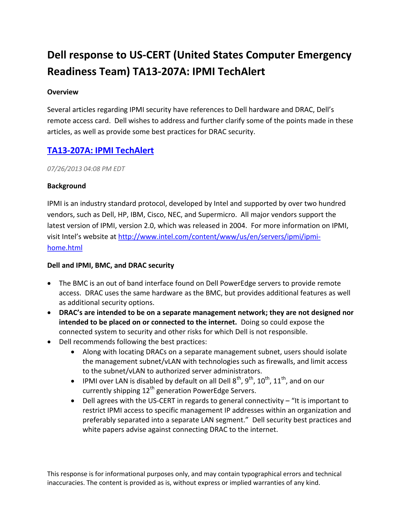 Dell Response to US-CERT TA13-207A IPMI TechAlert Owner's Manual - Page 1