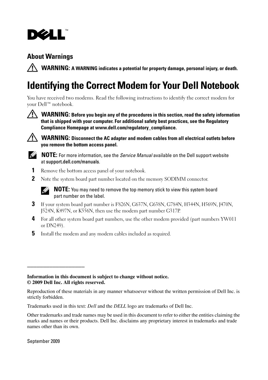 Identifying the Correct Modem for Your Dell Notebook Owner's Manual - Page 1