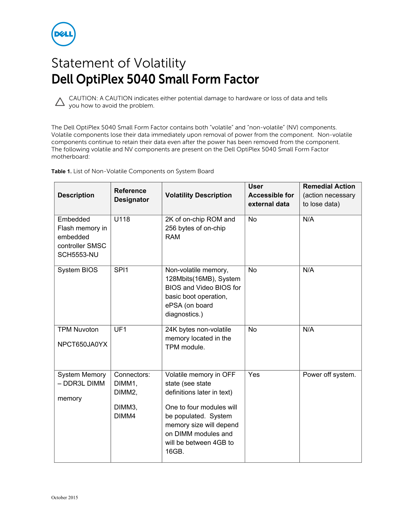 Statement of Volatility - Dell OptiPlex 5040 Small Form Factor Owner's Manual - Page 1