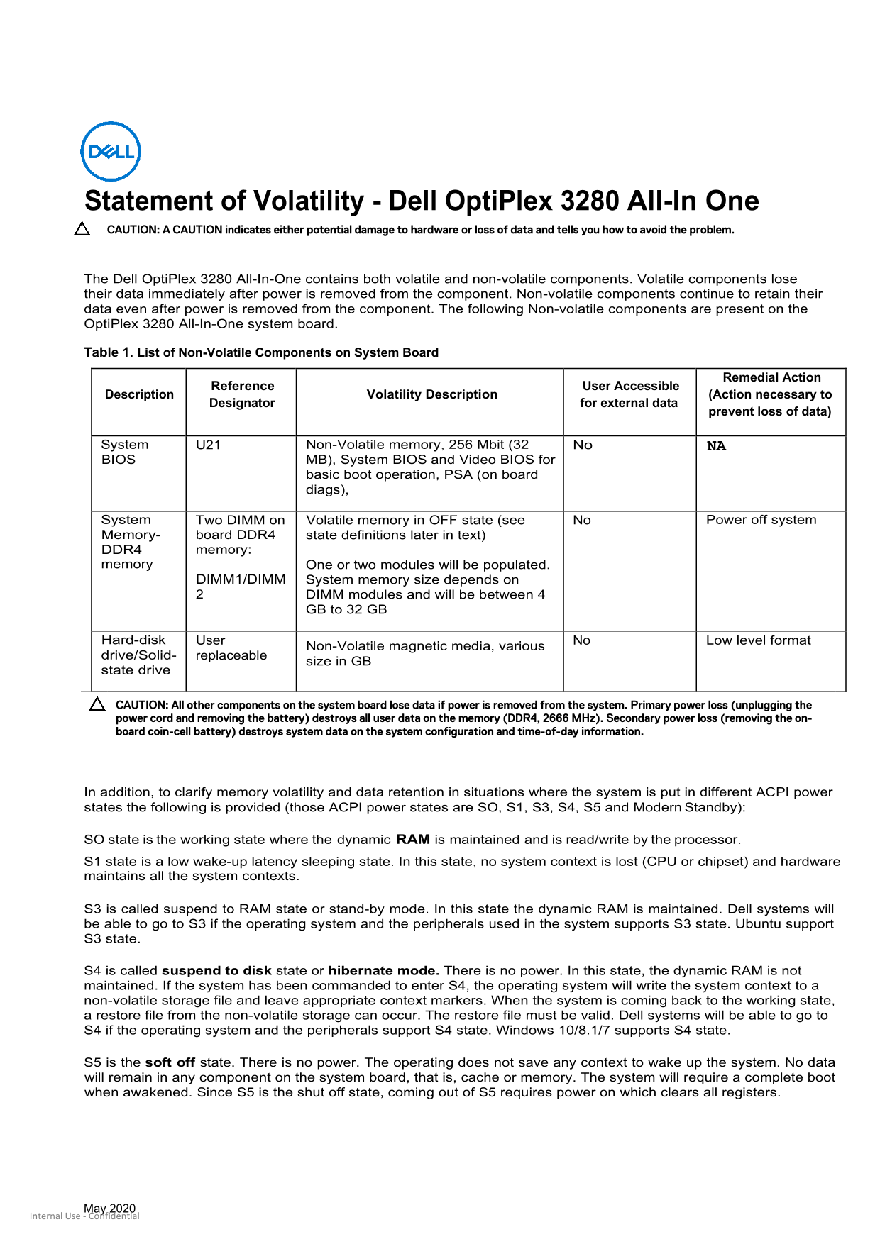 Dell OptiPlex 3280 All-In-One Statement of Volatility User Manual - Page 1