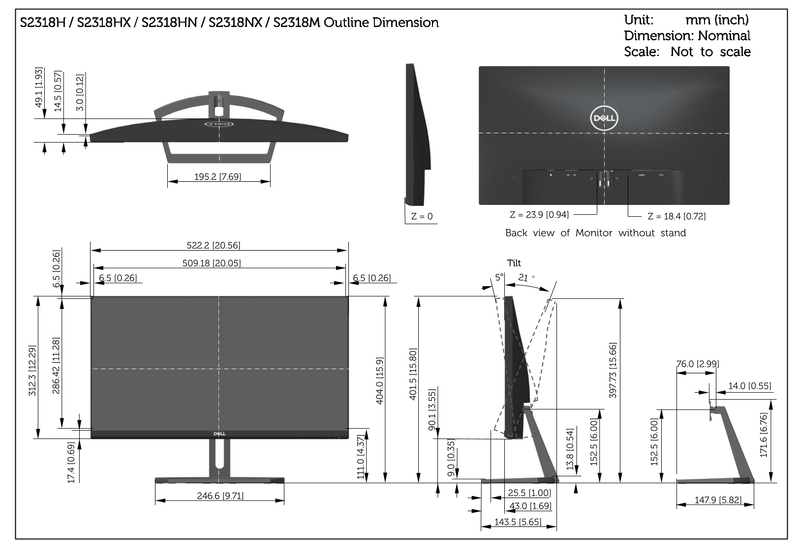 Dell S2318HN S2318NX Outline Drawing - Page 1