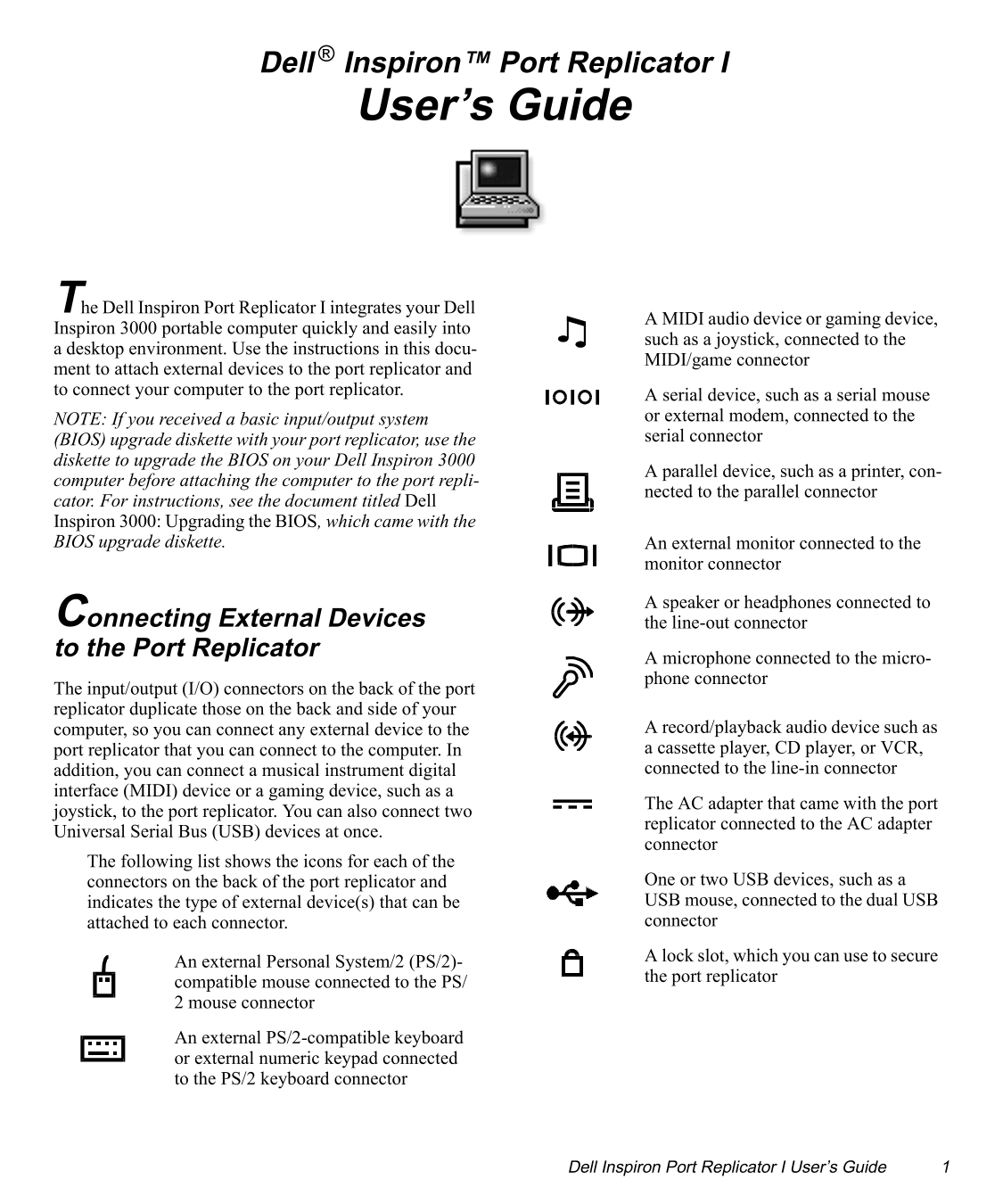 Dell Inspiron 3200 Port Replicator User's Guide - Page 1