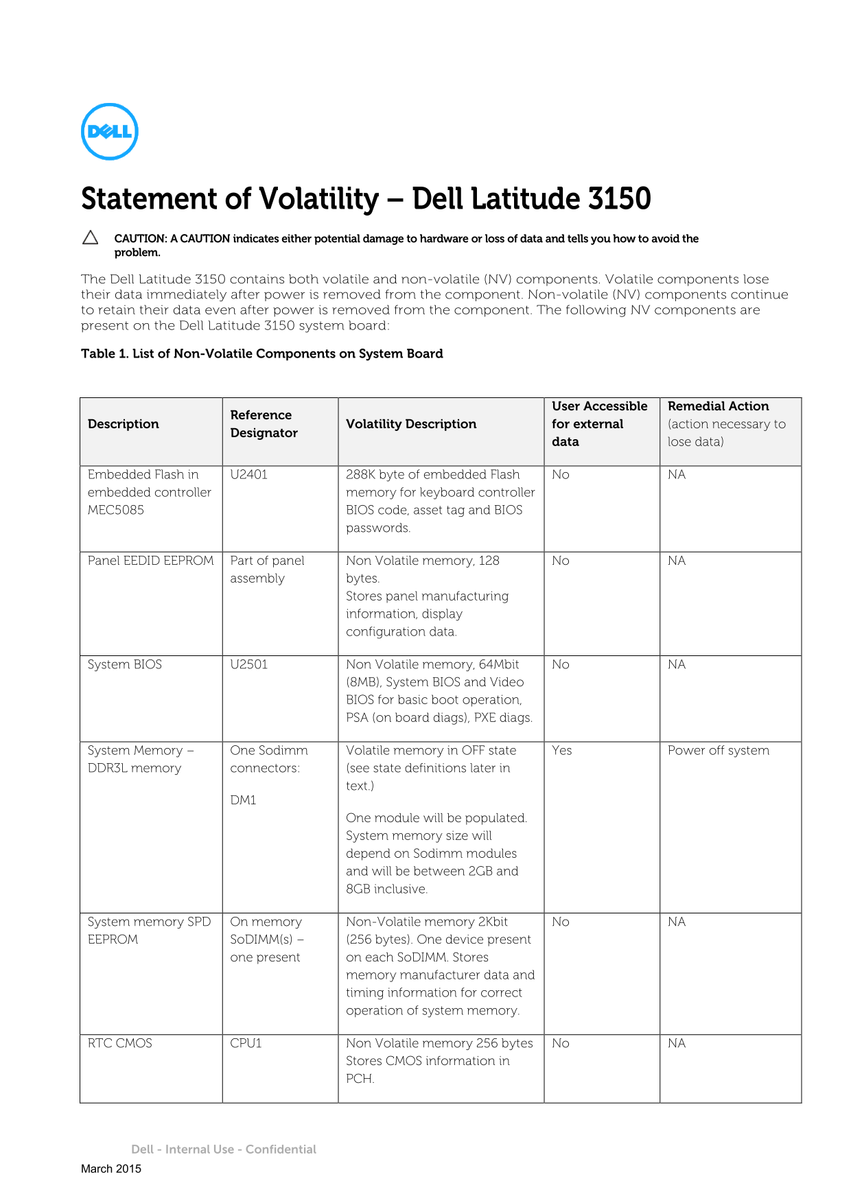 Dell Latitude 3150 Statement of Volatility - Page 1
