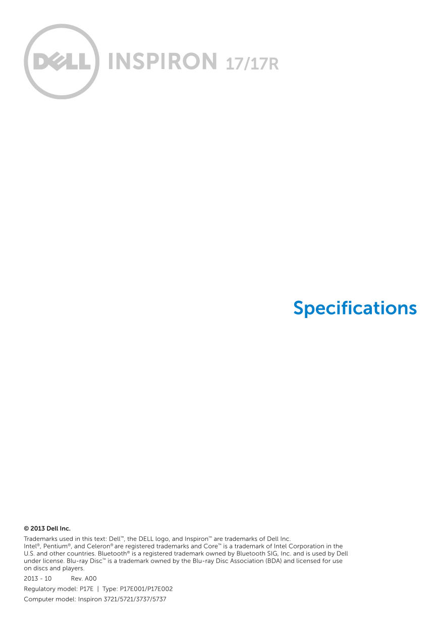 Dell Inspiron 17 3737 Specifications - Page 1