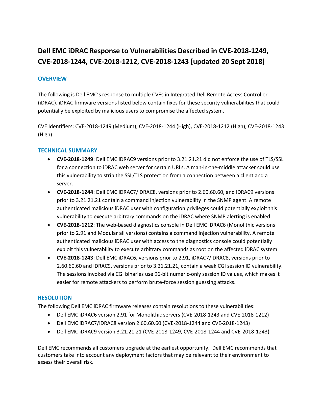 Dell Dell EMC iDRAC Response to Vulnerabilities Described in CVE-2018-1249 CVE-2018-1244 CVE-2018-1212 CVE-2018-1243 Owner's Manual User Guide - Page 1