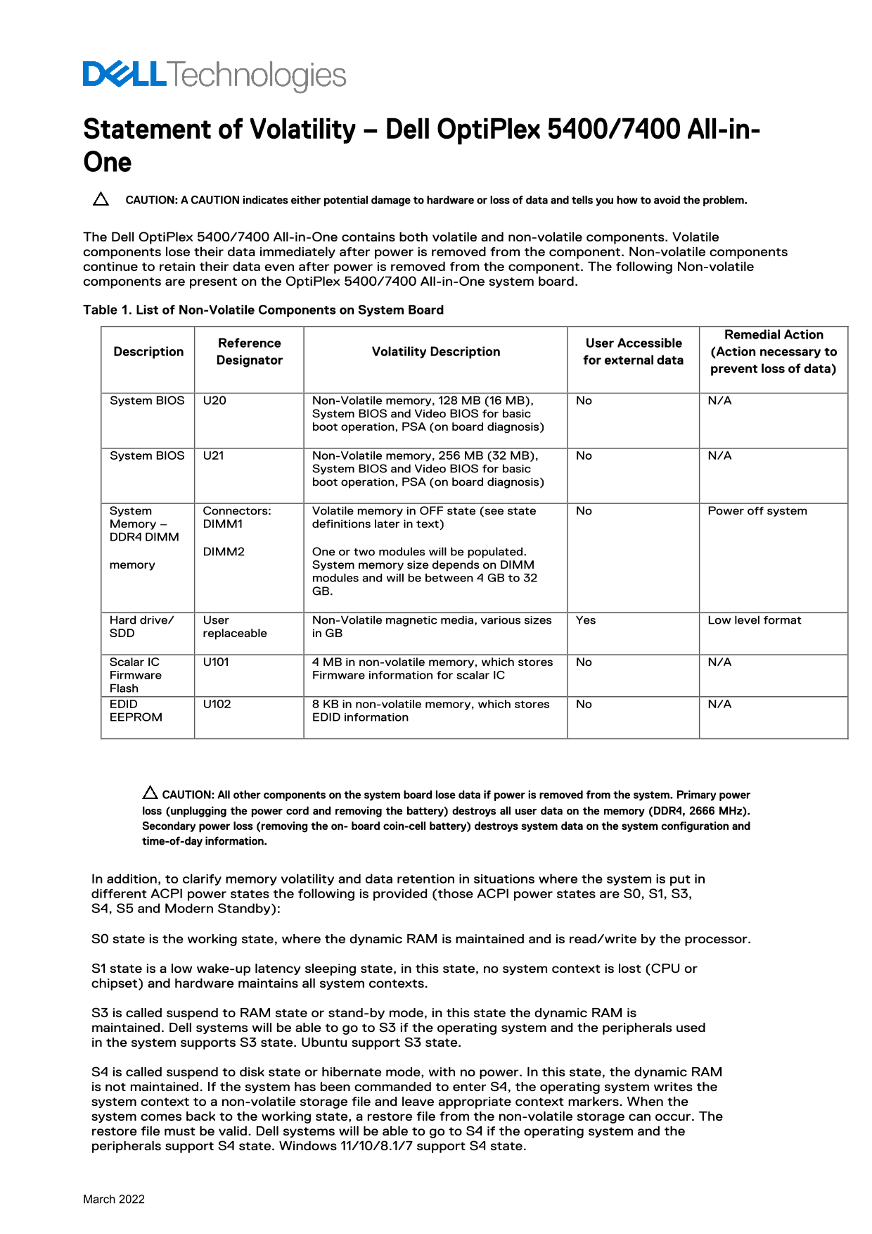 Dell OptiPlex 5400 All-in-One Statement of Volatility - Page 1