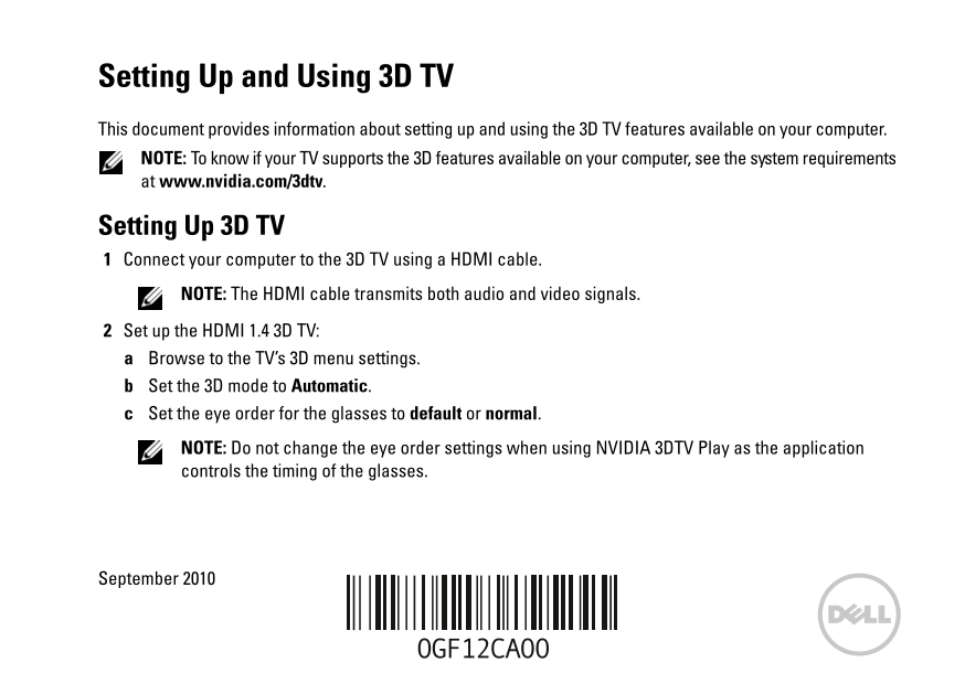 Dell XPS 14 Settings and Usage for 3D TV - Page 1