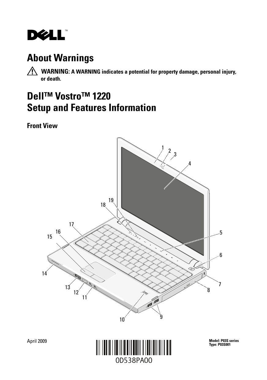 Dell Vostro 1220 Setup and Features Information - Page 1