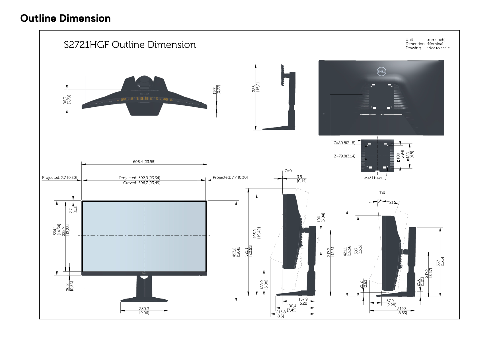 Dell S2721HGF Monitor Outline Drawing - Page 1