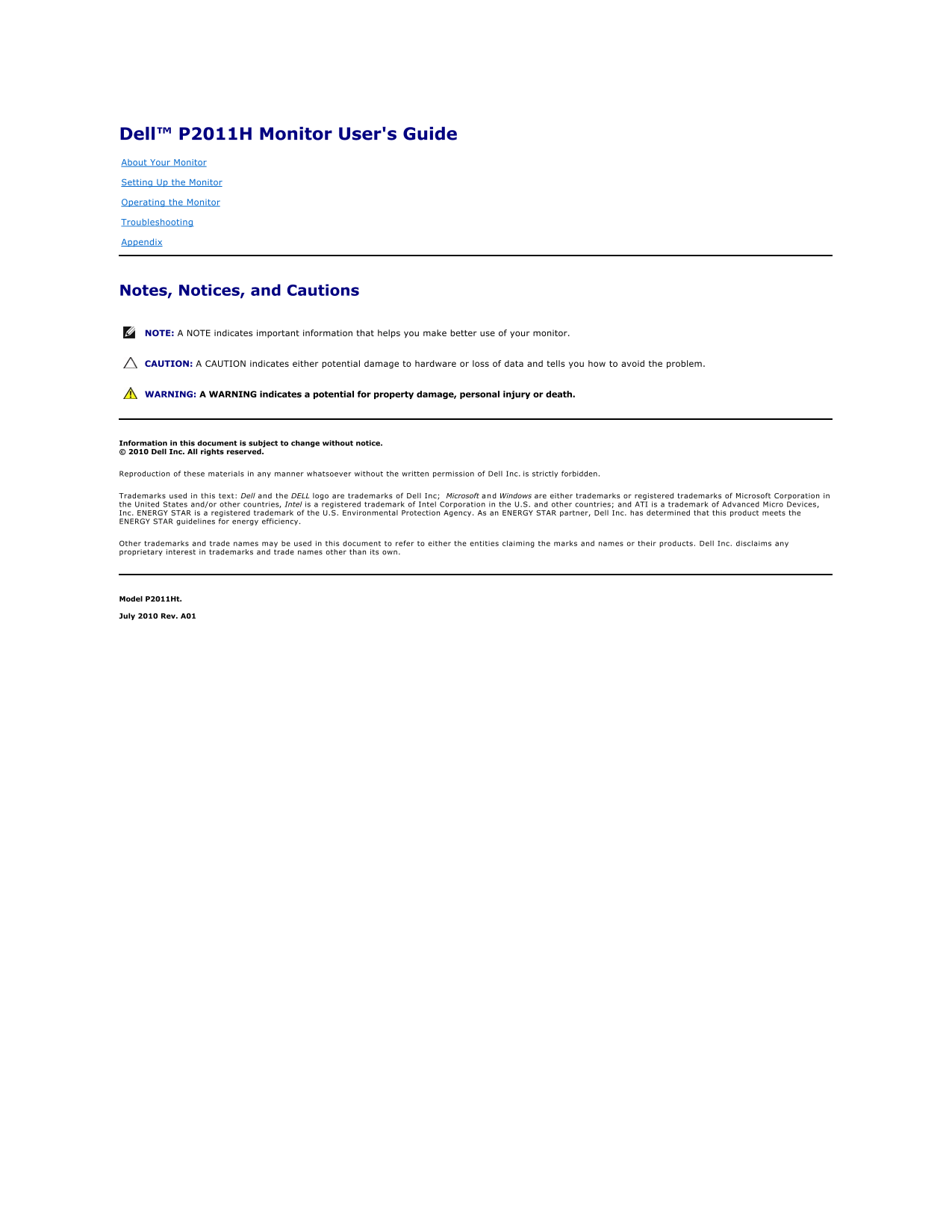 Dell P2011H Monitor User's Guide - Page 1