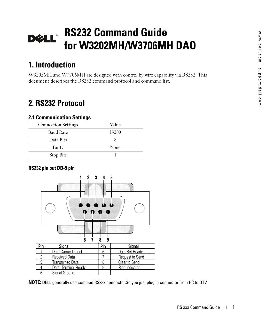 Dell LCD TV W3706MH Tech Sheet - Page 1