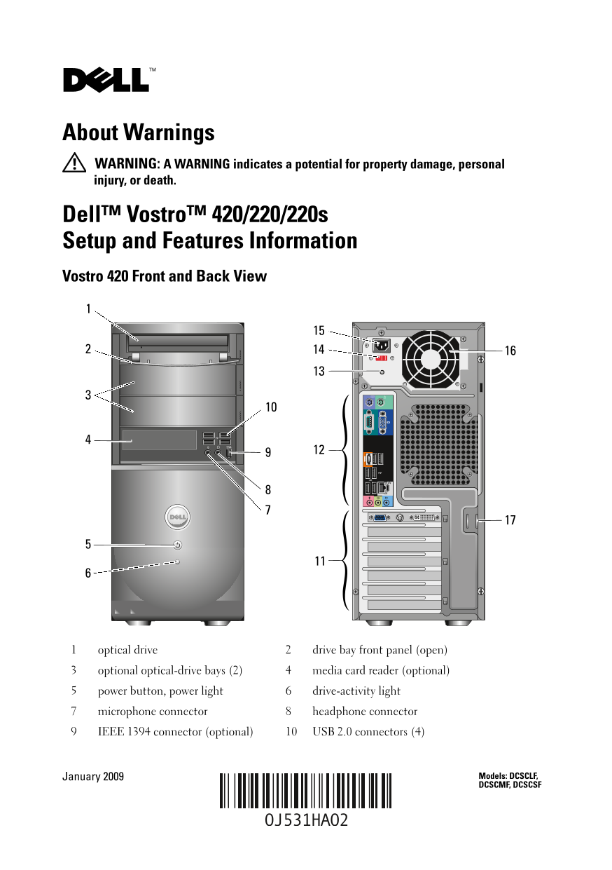 Dell Vostro 420 Setup and Features Tech Sheet - Page 1