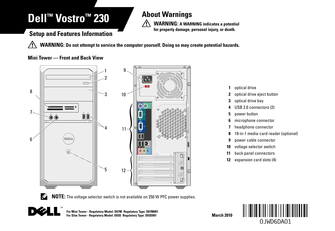 Dell Vostro 230s Setup and Features Information Tech Sheet - Page 1