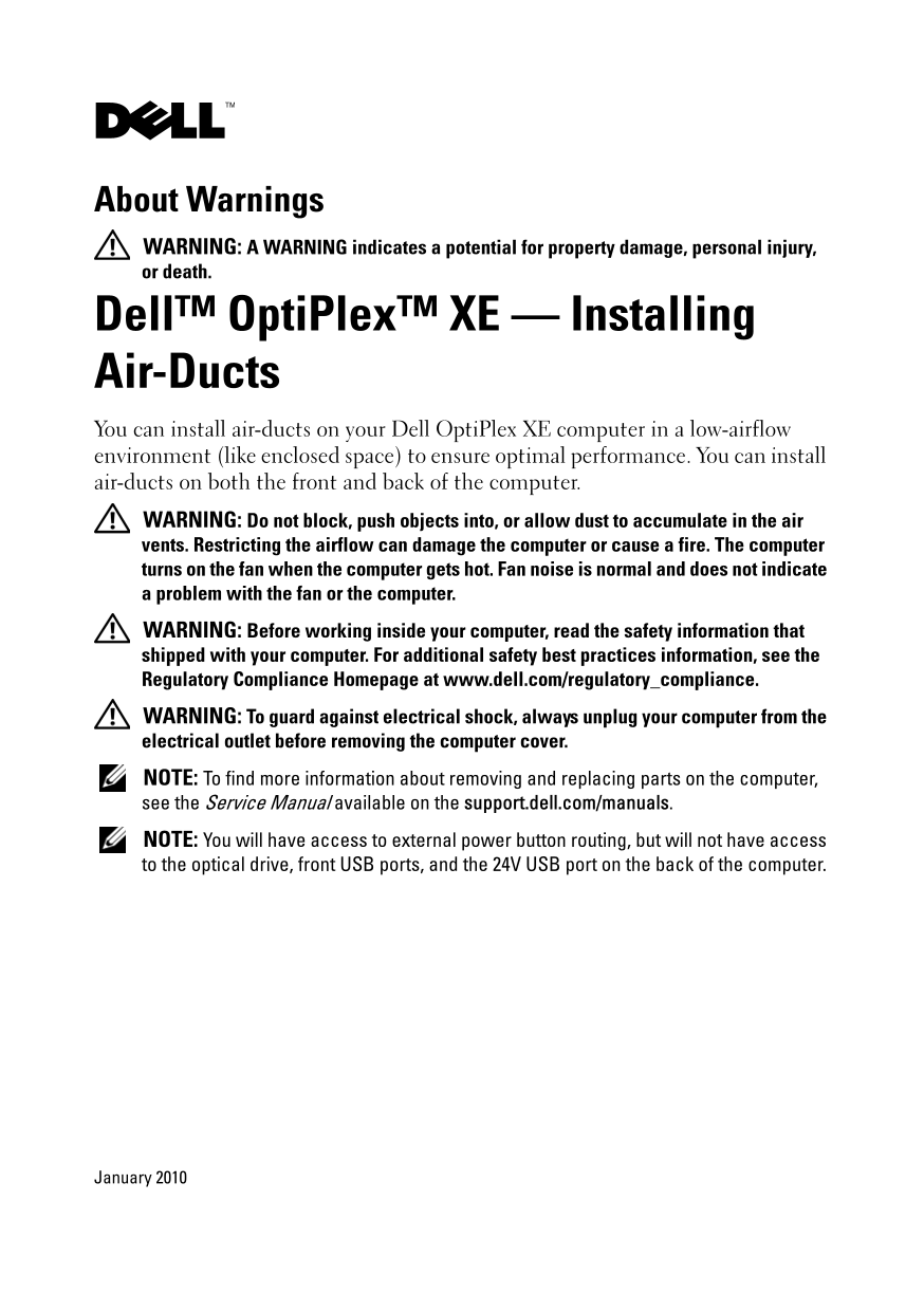 Dell OptiPlexXE Installing Air-Ducts User Guide - Page 1