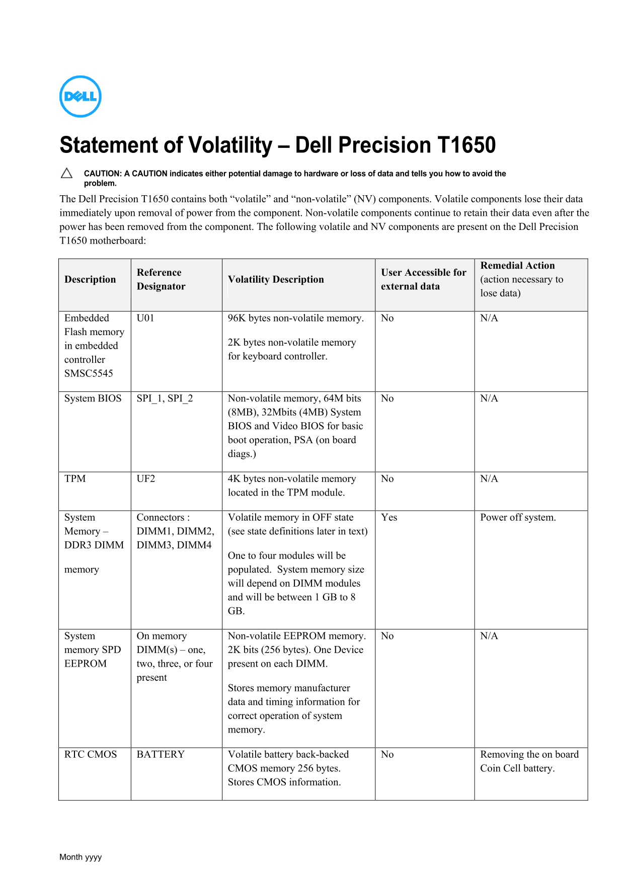 Dell Precision T1650 Statement of Volatility - Page 1